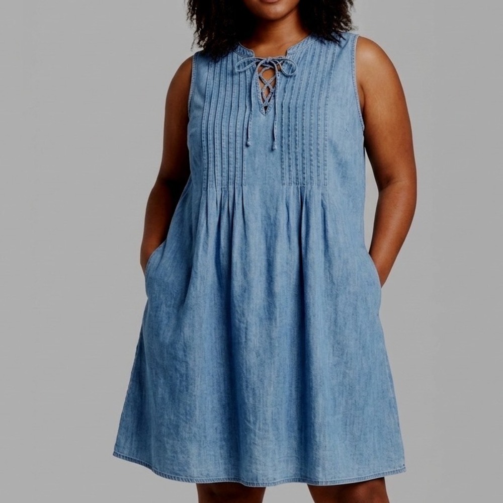 Old‎ Navy Womens Blue Chambray Pintuck Lace Up Sleeveless Dress Large